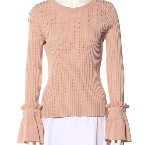 Jonathan Simkhai Perforated Knit Crewneck Pink Ribbed Sweater with Flared Cuffs - Picture 7 of 7